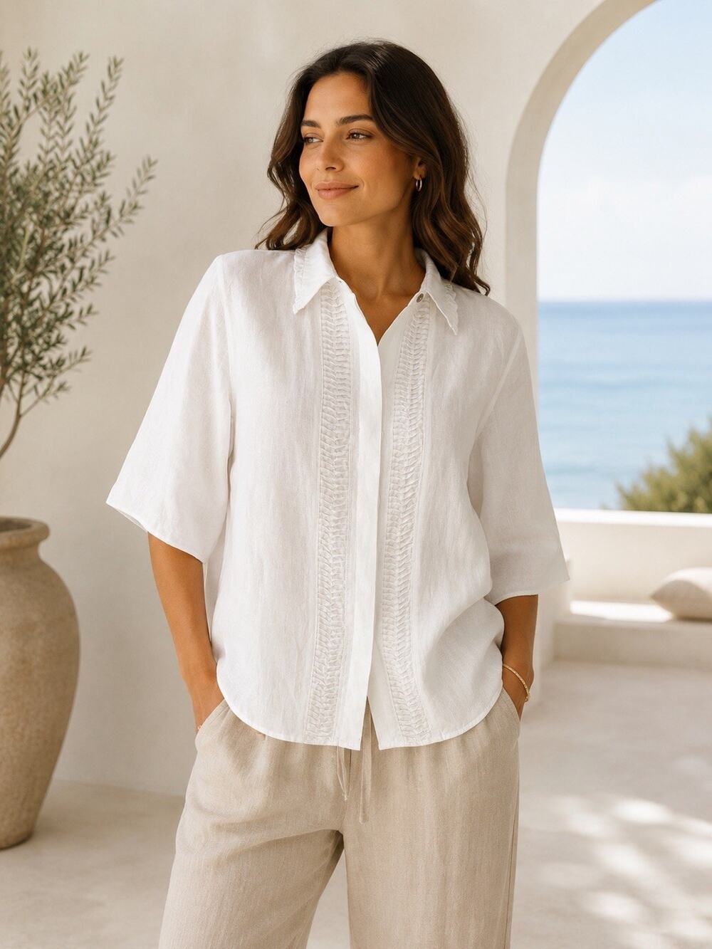Edward 100% Irish Linen Blouse L White Pleated Ruffle Button Shirt Resortwear